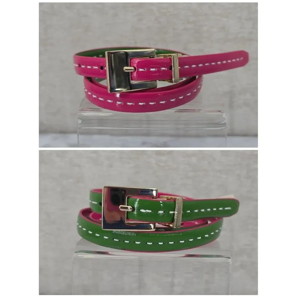 Talbots Reversible Green Pink Patent Leather Women's Skinny Belt Gold Buckle